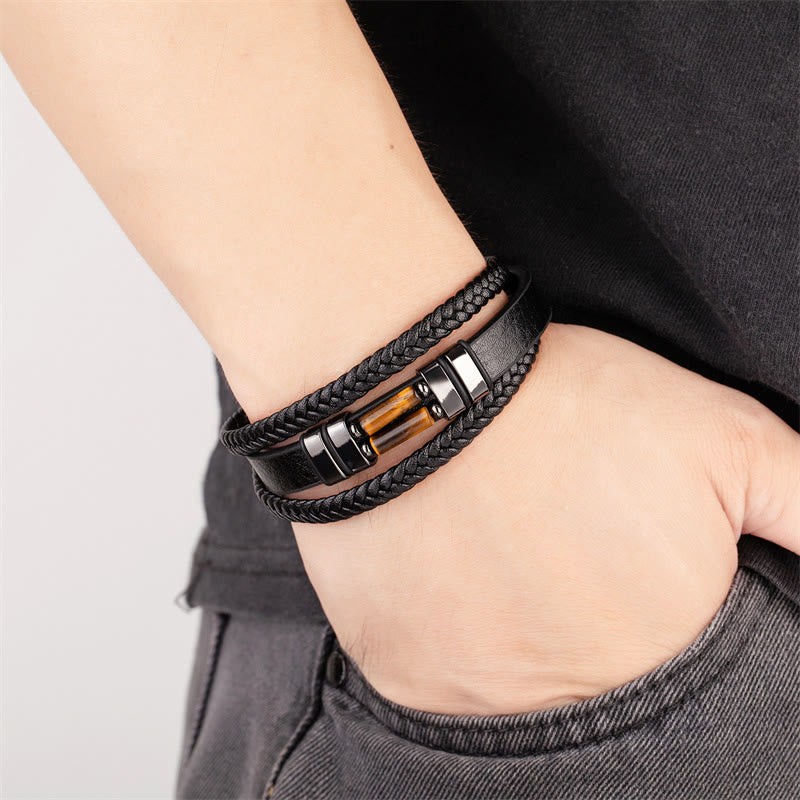 Buddha Stones Tiger Eye Lazurite Hematite Picture Jasper Black Onyx Strength Multi-layer Leather Bracelet - image 1
