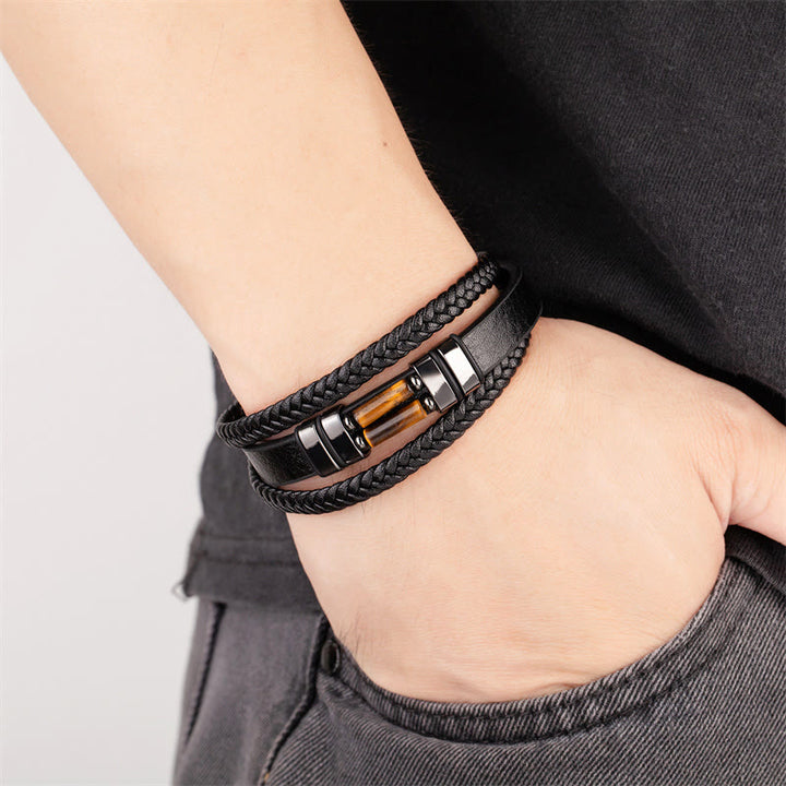 Buddha Stones Tiger Eye Lazurite Hematite Picture Jasper Black Onyx Strength Multi-layer Leather Bracelet - image 1