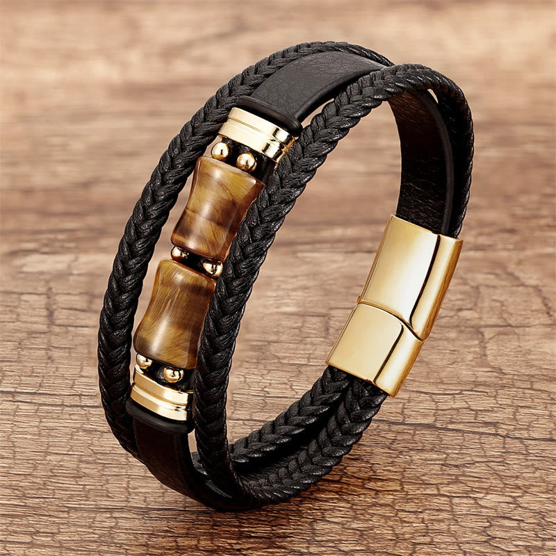 Buddha Stones Tiger Eye Bamboo Stone Integrity Courage Multi-layer Leather Bracelet - Yellow Tiger Eye - 18-22cm - image 0