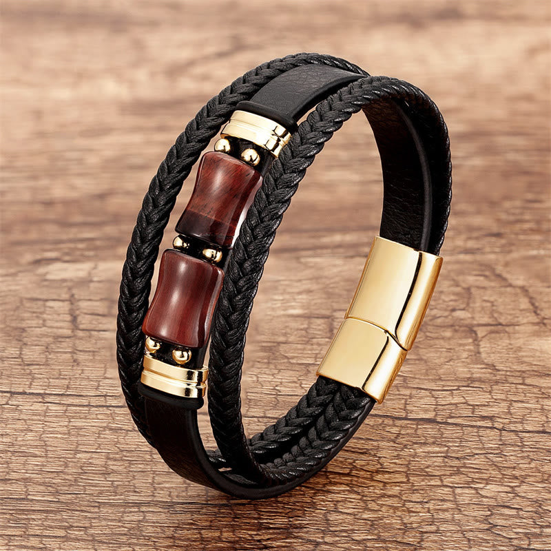 Buddha Stones Tiger Eye Bamboo Stone Integrity Courage Multi-layer Leather Bracelet - Brown-Red Tiger Eye - 18-22cm - image 4