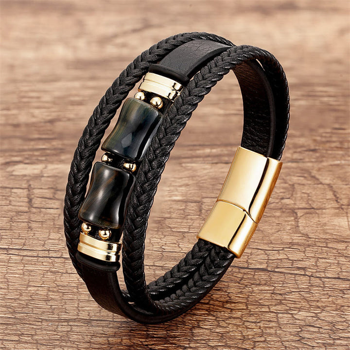 Buddha Stones Tiger Eye Bamboo Stone Integrity Courage Multi-layer Leather Bracelet - Black-Yellow Tiger Eye - 18-22cm - image 6