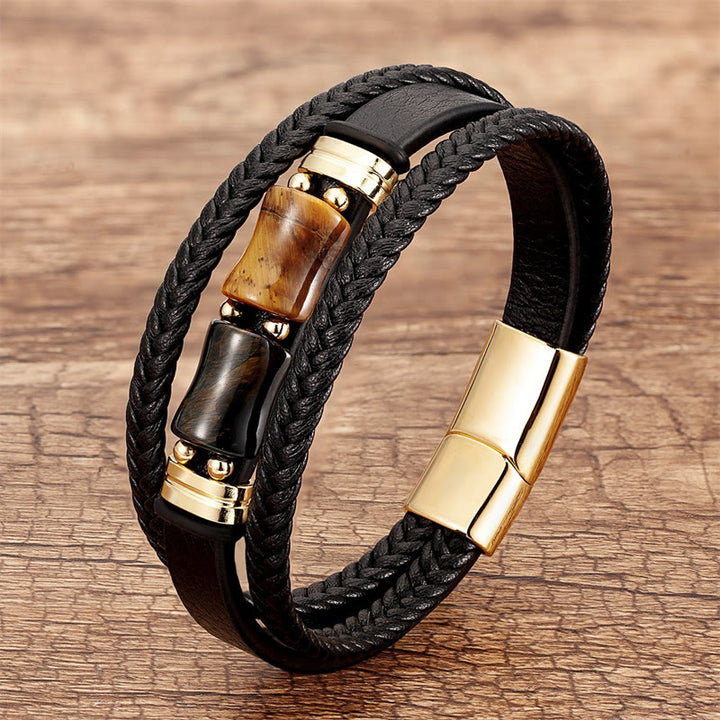 Buddha Stones Tiger Eye Bamboo Stone Integrity Courage Multi-layer Leather Bracelet - Yellow-Black Tiger Eye - 18-22cm - image 7