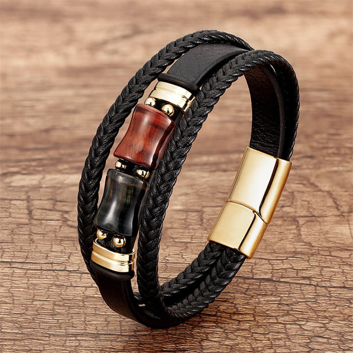Buddha Stones Tiger Eye Bamboo Stone Integrity Courage Multi-layer Leather Bracelet - Brown-Red-Black Tiger Eye - 18-22cm - image 8