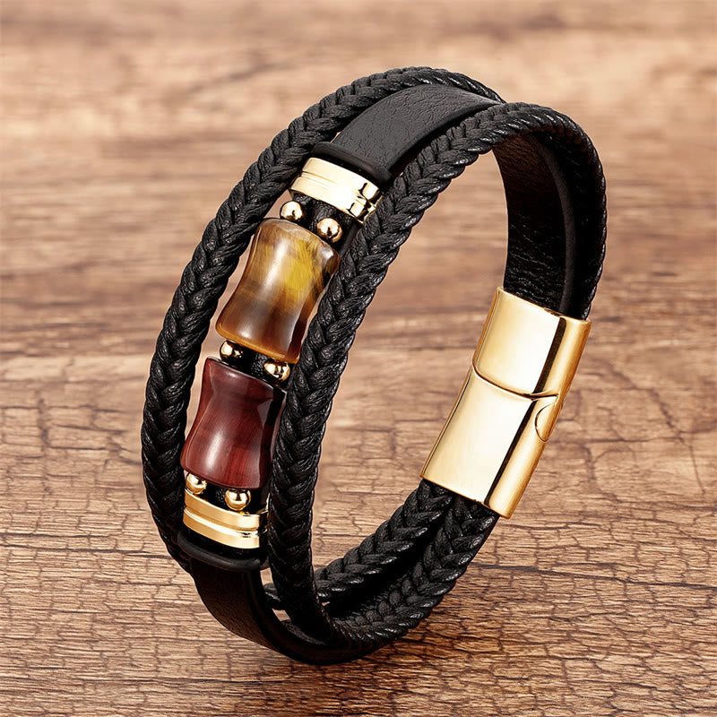 Buddha Stones Tiger Eye Bamboo Stone Integrity Courage Multi-layer Leather Bracelet - Yellow-Brown-Red Tiger Eye - 18-22cm - image 9