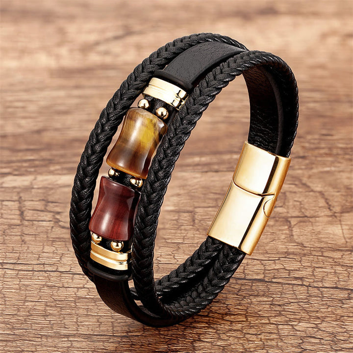 Buddha Stones Tiger Eye Bamboo Stone Integrity Courage Multi-layer Leather Bracelet - Yellow-Brown-Red Tiger Eye - 18-22cm - image 9