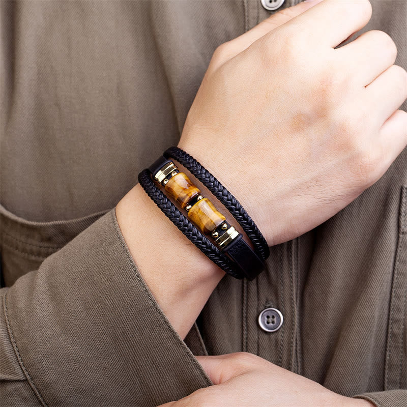 Buddha Stones Tiger Eye Bamboo Stone Integrity Courage Multi-layer Leather Bracelet - image 1