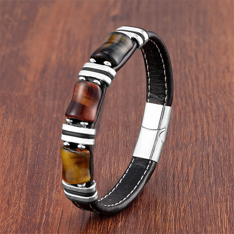 Buddha Stones Tiger Eye Three Bamboo Stone Protection Power Leather Bracelet - Yellow-Brown-Red-Black Tiger Eye-Silver - 18-22cm - image 0