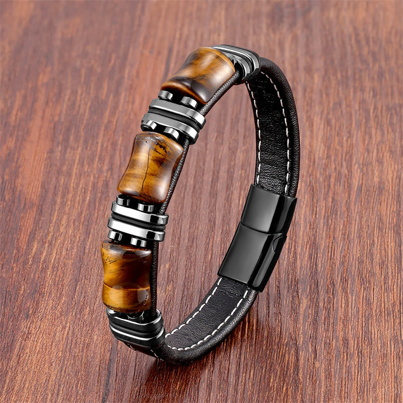 Buddha Stones Tiger Eye Three Bamboo Stone Protection Power Leather Bracelet - Yellow Tiger Eye-Black - 21-22cm - image 1