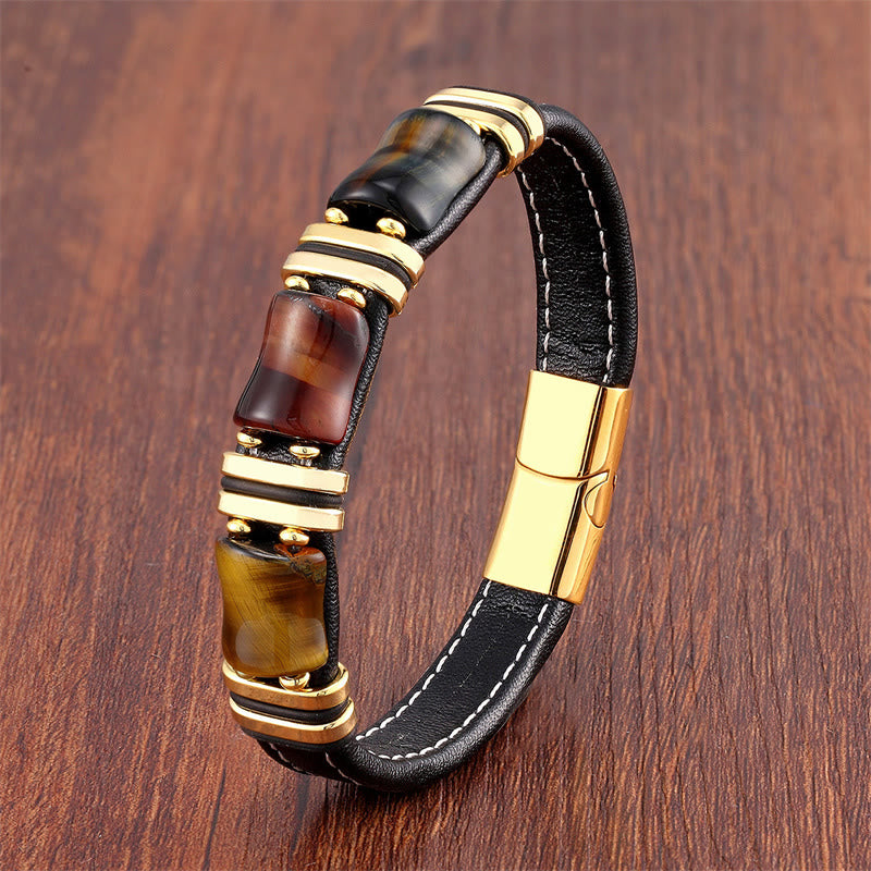 Buddha Stones Tiger Eye Three Bamboo Stone Protection Power Leather Bracelet - Yellow-Brown-Red-Black Tiger Eye-Gold - 21-22cm - image 2
