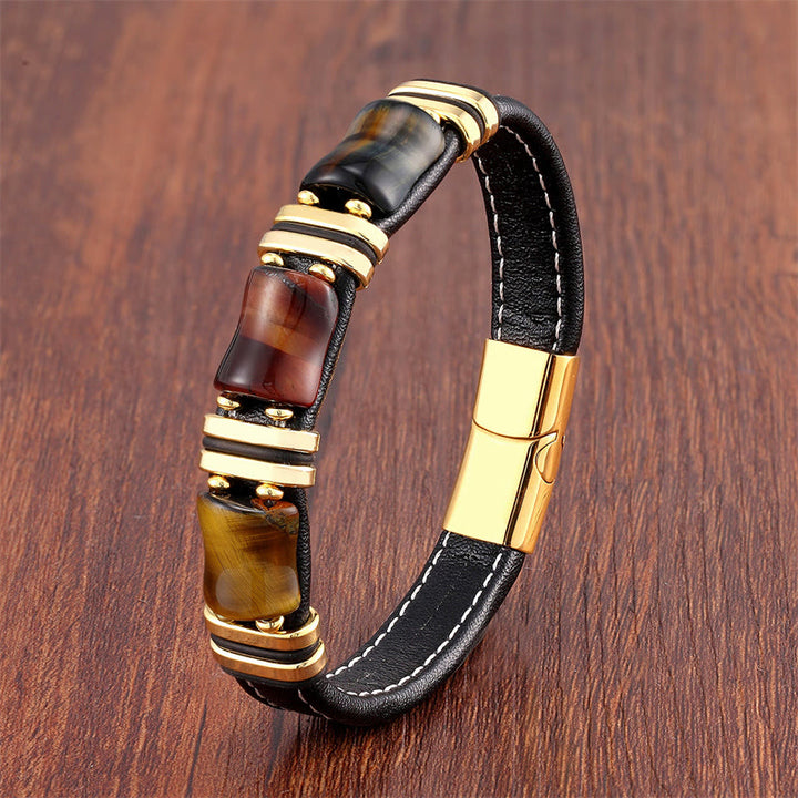 Buddha Stones Tiger Eye Three Bamboo Stone Protection Power Leather Bracelet - Yellow-Brown-Red-Black Tiger Eye-Gold - 21-22cm - image 2
