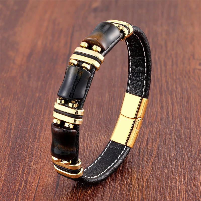 Buddha Stones Tiger Eye Three Bamboo Stone Protection Power Leather Bracelet - Yellow-Black Tiger Eye-Gold - 21-22cm - image 7