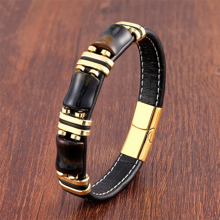 Buddha Stones Tiger Eye Three Bamboo Stone Protection Power Leather Bracelet - Yellow-Black Tiger Eye-Gold - 21-22cm - image 7