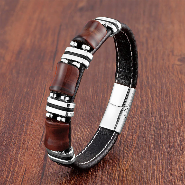 Buddha Stones Tiger Eye Three Bamboo Stone Protection Power Leather Bracelet - Brown-Red Tiger Eye-Silver - 21-22cm - image 8