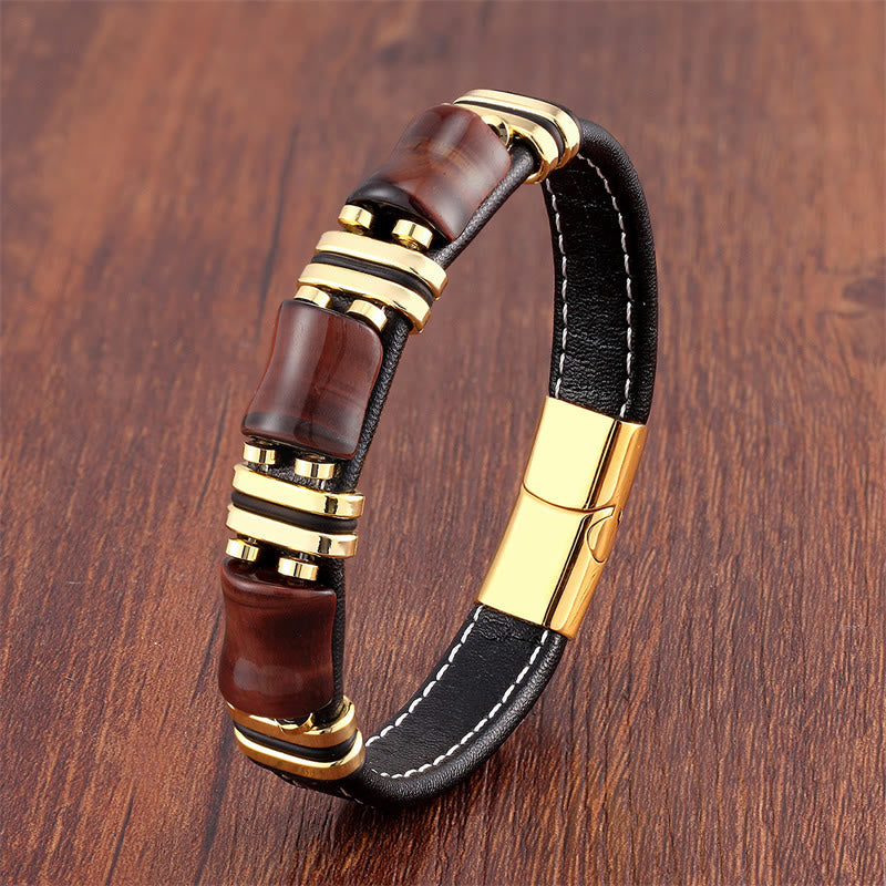 Buddha Stones Tiger Eye Three Bamboo Stone Protection Power Leather Bracelet - Brown-Red Tiger Eye-Gold - 18-22cm - image 9