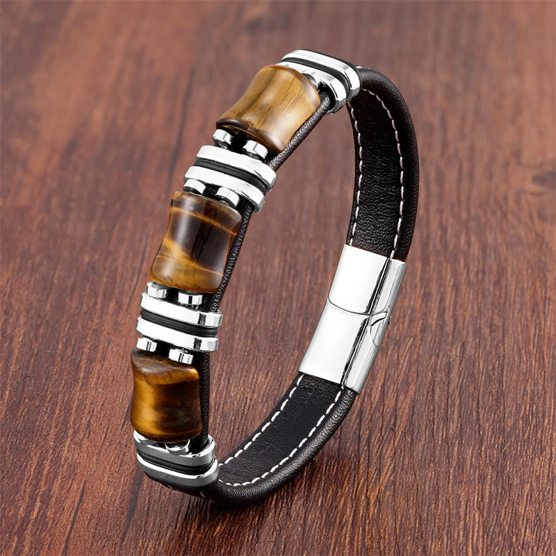 Buddha Stones Tiger Eye Three Bamboo Stone Protection Power Leather Bracelet - Yellow Tiger Eye-Silver - 18-22cm - image 11