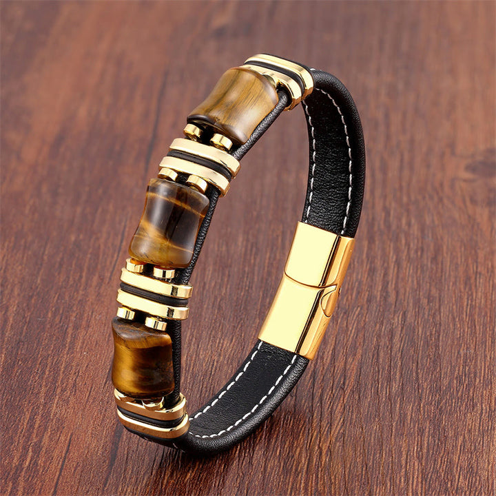 Buddha Stones Tiger Eye Three Bamboo Stone Protection Power Leather Bracelet - Yellow Tiger Eye-Gold - 18-22cm - image 12