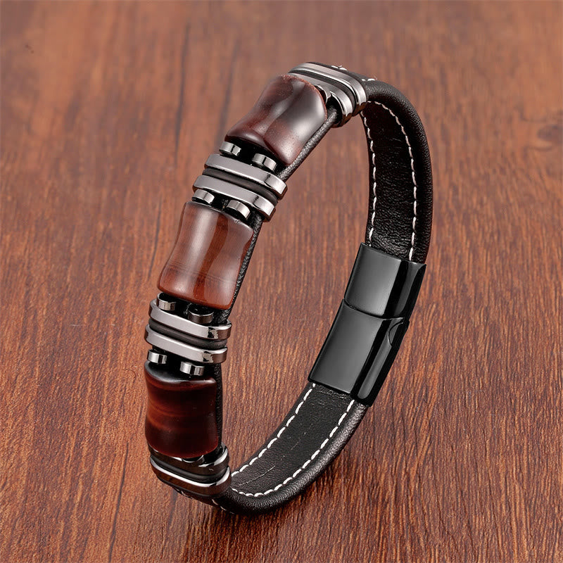 Buddha Stones Tiger Eye Three Bamboo Stone Protection Power Leather Bracelet - Brown-Red Tiger Eye-Black - 18-22cm - image 14