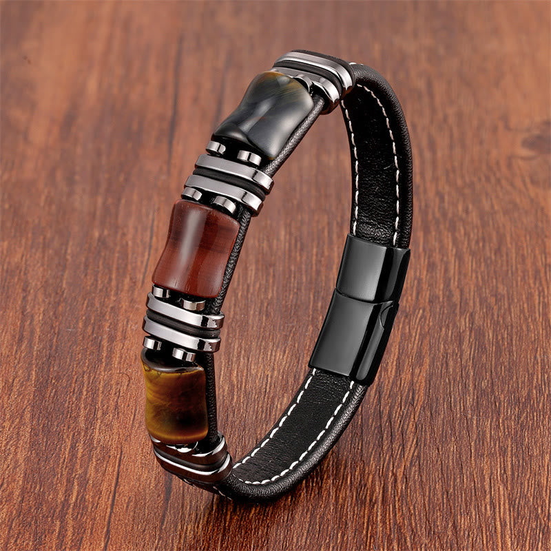 Buddha Stones Tiger Eye Three Bamboo Stone Protection Power Leather Bracelet - Yellow-Brown-Red-Black Tiger Eye-Black - 18-22cm - image 15