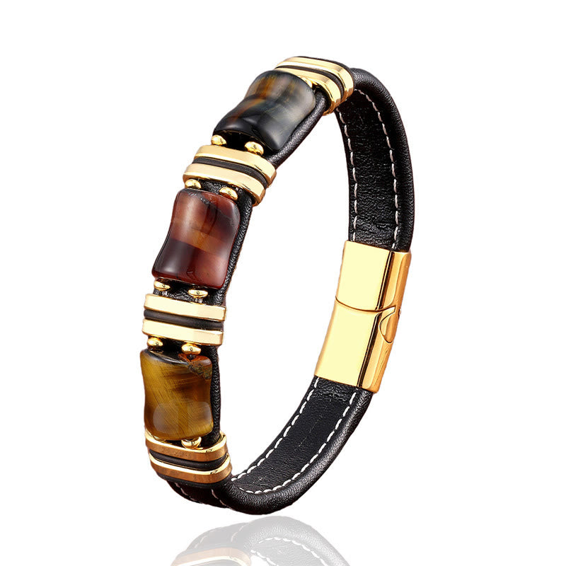 Buddha Stones Tiger Eye Three Bamboo Stone Protection Power Leather Bracelet - image 3