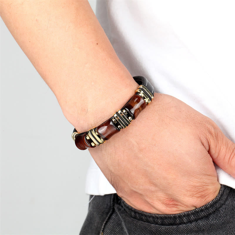 Buddha Stones Tiger Eye Three Bamboo Stone Protection Power Leather Bracelet - image 10