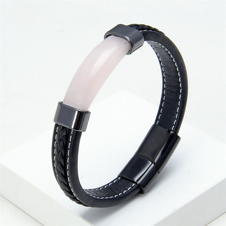 Buddha Stones Lazurite Tiger Eye Rhodonite Hematite Black Onyx Stone Balance Leather Bracelet - Rose Quartz - 18-22cm - image 7