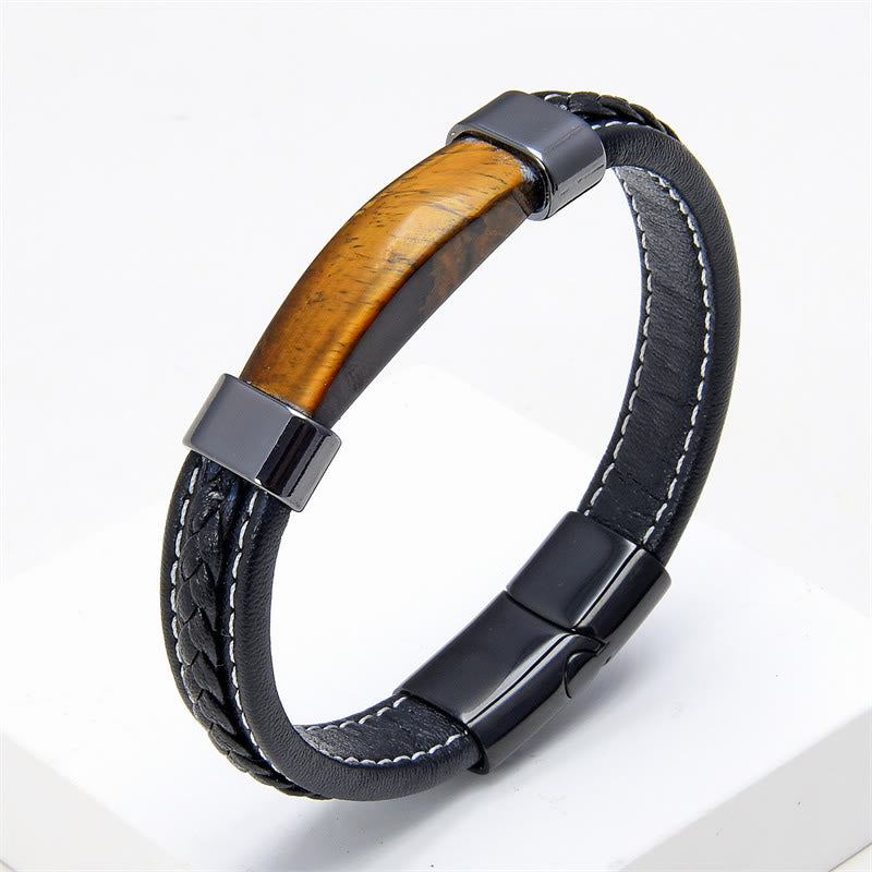 Buddha Stones Lazurite Lapis Lazuli Tiger Eye Rhodonite Hematite Black Onyx Stone Balance Leather Bracelet - Tiger Eye - 18-22cm - image 3