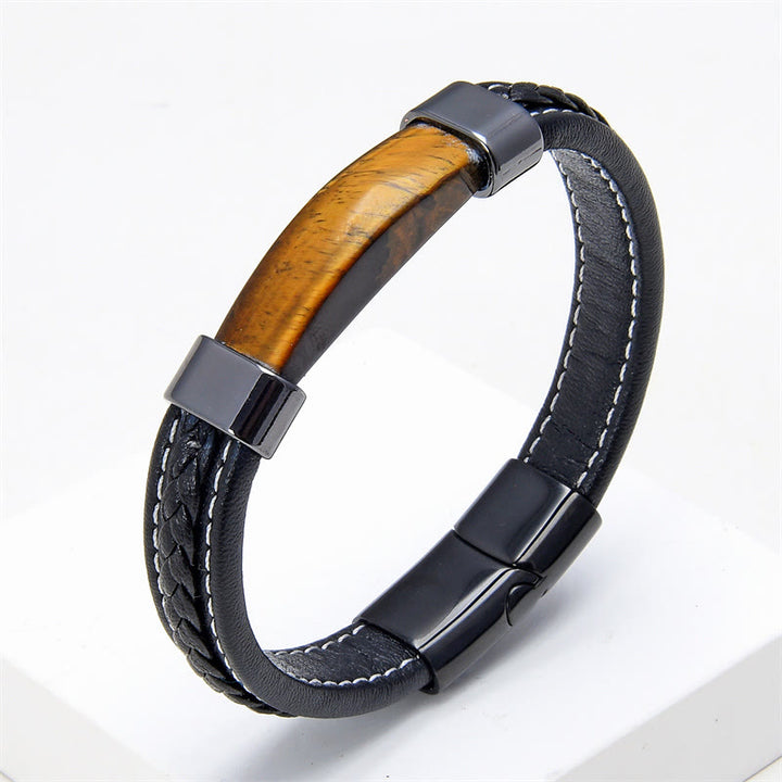 Buddha Stones Lazurite Lapis Lazuli Tiger Eye Rhodonite Hematite Black Onyx Stone Balance Leather Bracelet - Tiger Eye - 18-22cm - image 3