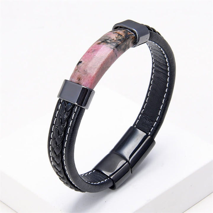 Buddha Stones Lazurite Tiger Eye Rhodonite Hematite Black Onyx Stone Balance Leather Bracelet - Rhodonite - 18-22cm - image 5
