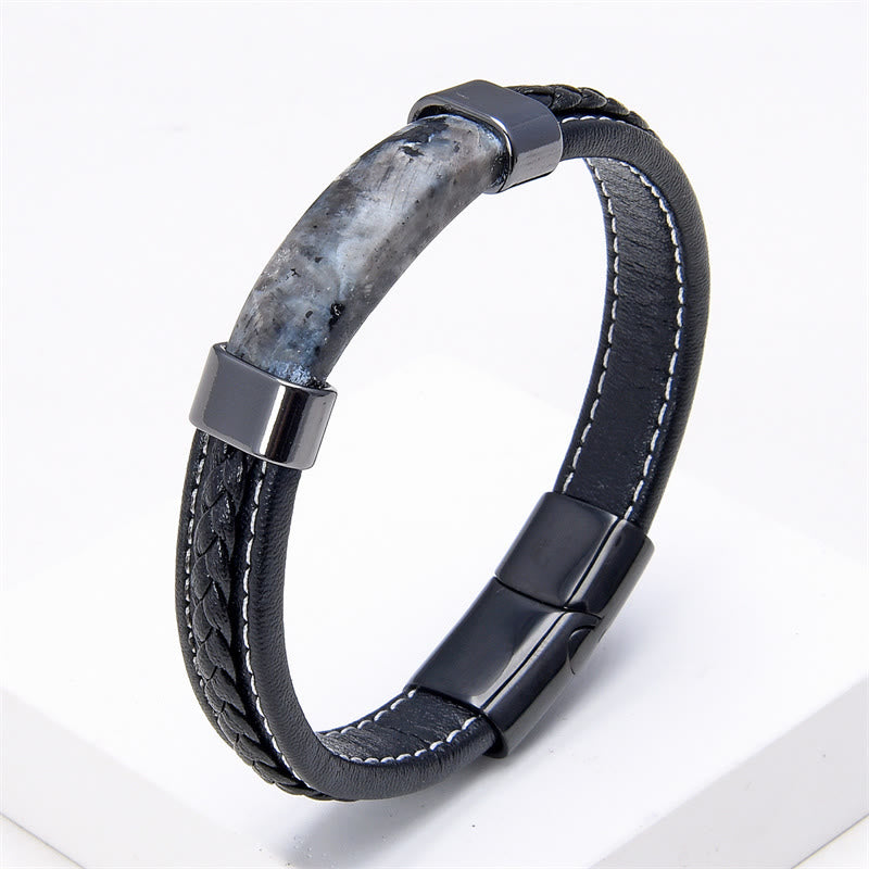 Buddha Stones Lazurite Lapis Lazuli Tiger Eye Rhodonite Hematite Black Onyx Stone Balance Leather Bracelet - Black Glitter Stone - 18-22cm - image 13