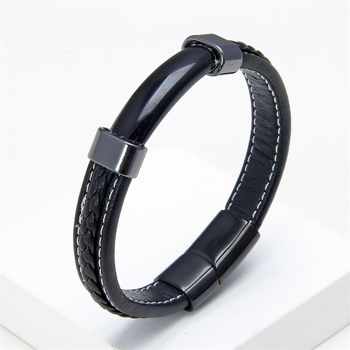 Buddha Stones Lazurite Tiger Eye Rhodonite Hematite Black Onyx Stone Balance Leather Bracelet - Black Onyx - 18-22cm - image 11