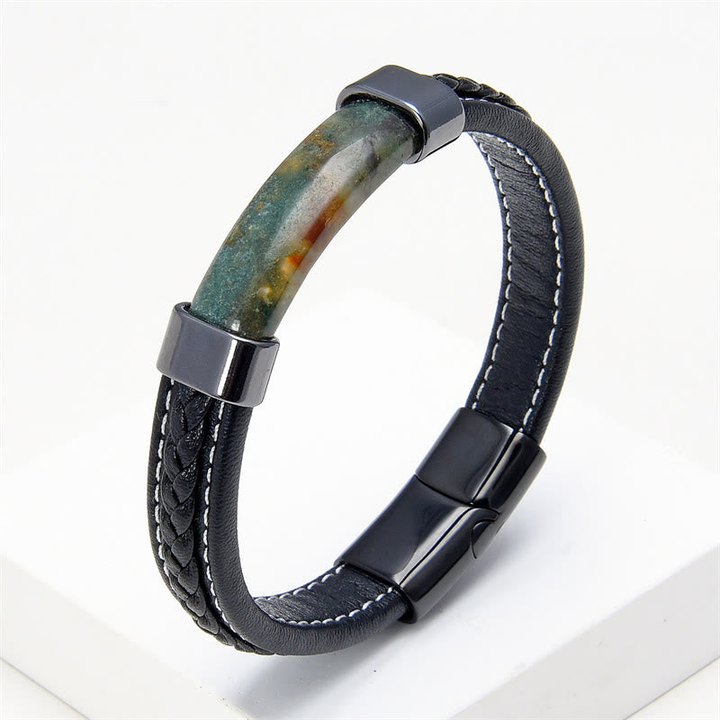 Buddha Stones Lazurite Tiger Eye Rhodonite Hematite Black Onyx Stone Balance Leather Bracelet - Green Agate - 18-22cm - image 15