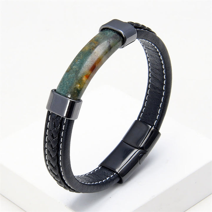 Buddha Stones Lazurite Tiger Eye Rhodonite Hematite Black Onyx Stone Balance Leather Bracelet - Green Agate - 18-22cm - image 15