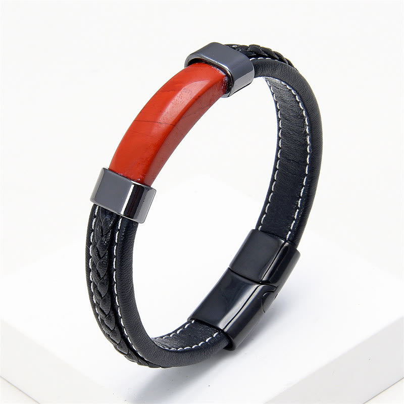 Buddha Stones Lazurite Tiger Eye Rhodonite Hematite Black Onyx Stone Balance Leather Bracelet - Red Jasper - 18-22cm - image 19