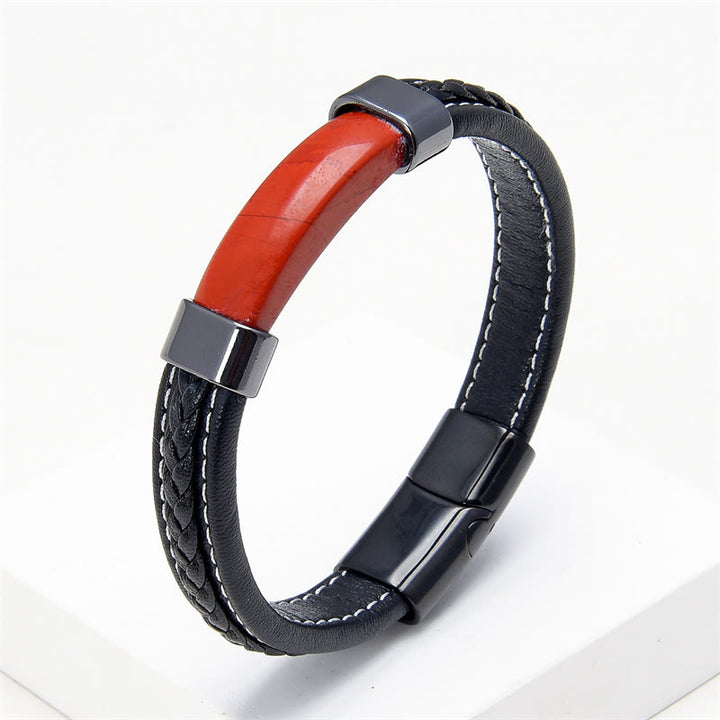 Buddha Stones Lazurite Tiger Eye Rhodonite Hematite Black Onyx Stone Balance Leather Bracelet - Red Jasper - 18-22cm - image 19