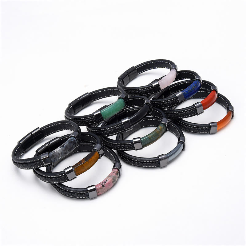 Buddha Stones Lazurite Tiger Eye Rhodonite Hematite Black Onyx Stone Balance Leather Bracelet - image 1