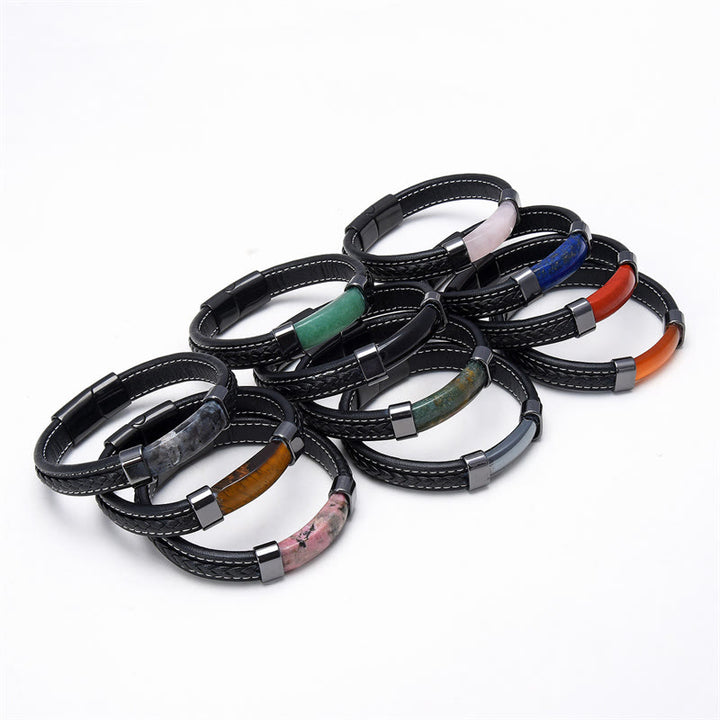 Buddha Stones Lazurite Lapis Lazuli Tiger Eye Rhodonite Hematite Black Onyx Stone Balance Leather Bracelet - image 1
