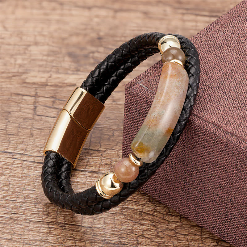 Buddha Stones Green Aventurine Tiger Eye Green Agate Black Onyx Hematite Stone Luck Leather Magnetic Buckle Bracelet - Gold - Agate - 18-22cm - image 7