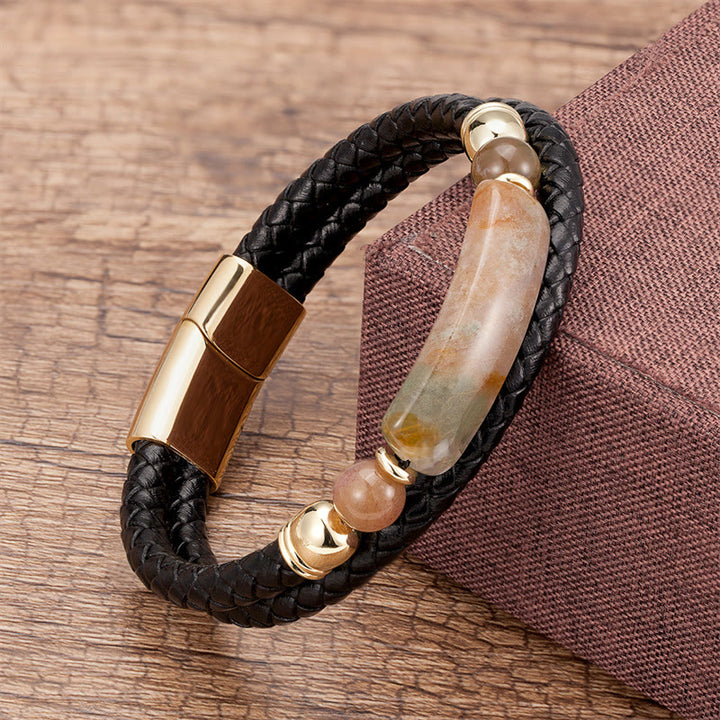 Buddha Stones Green Aventurine Tiger Eye Green Agate Black Onyx Hematite Stone Luck Leather Magnetic Buckle Bracelet - Gold - Agate - 18-22cm - image 7