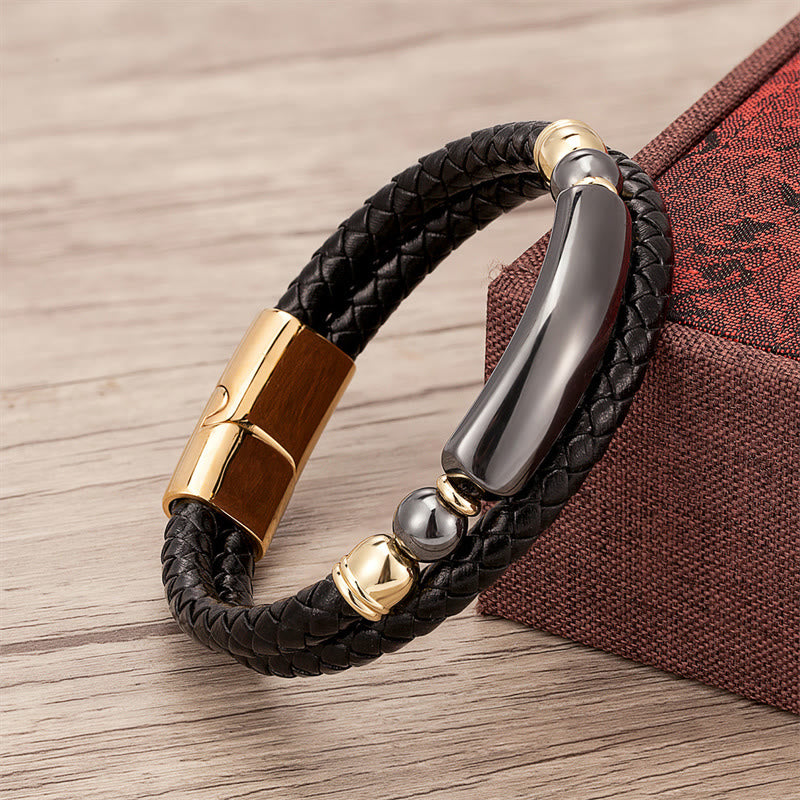 Buddha Stones Green Aventurine Tiger Eye Green Agate Black Onyx Hematite Stone Luck Leather Magnetic Buckle Bracelet - Gold - Hematite - 18-22cm - image 17