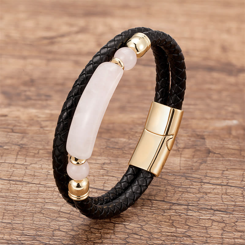 Buddha Stones Green Aventurine Tiger Eye Green Agate Black Onyx Hematite Stone Luck Leather Magnetic Buckle Bracelet - Gold - Rose Quartz - 18-22cm - image 23