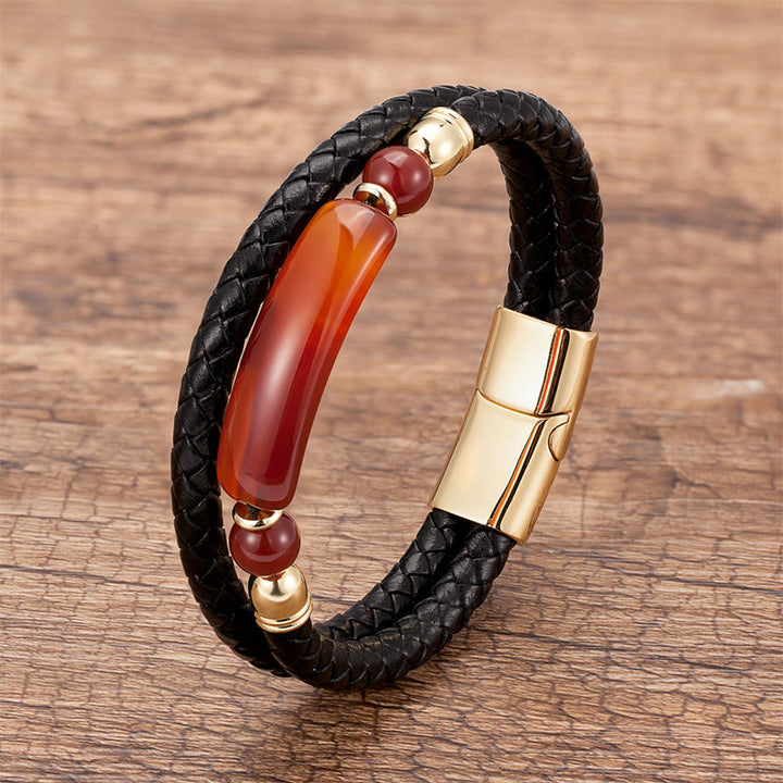 Buddha Stones Green Aventurine Tiger Eye Green Agate Black Onyx Hematite Stone Luck Leather Magnetic Buckle Bracelet - Gold - Red Agate - 18-22cm - image 26