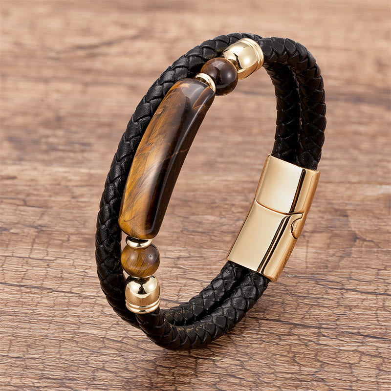 Buddha Stones Green Aventurine Tiger Eye Green Agate Black Onyx Hematite Stone Luck Leather Magnetic Buckle Bracelet - Gold - Tiger Eye - 18-22cm - image 4