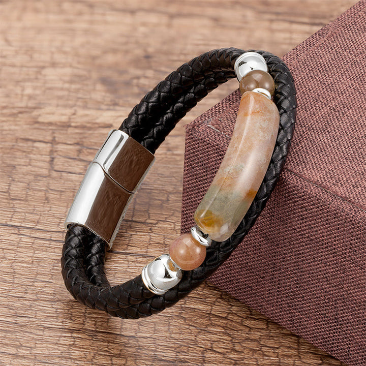 Buddha Stones Green Aventurine Tiger Eye Green Agate Black Onyx Hematite Stone Luck Leather Magnetic Buckle Bracelet - Silver - Agate - 18-22cm - image 8