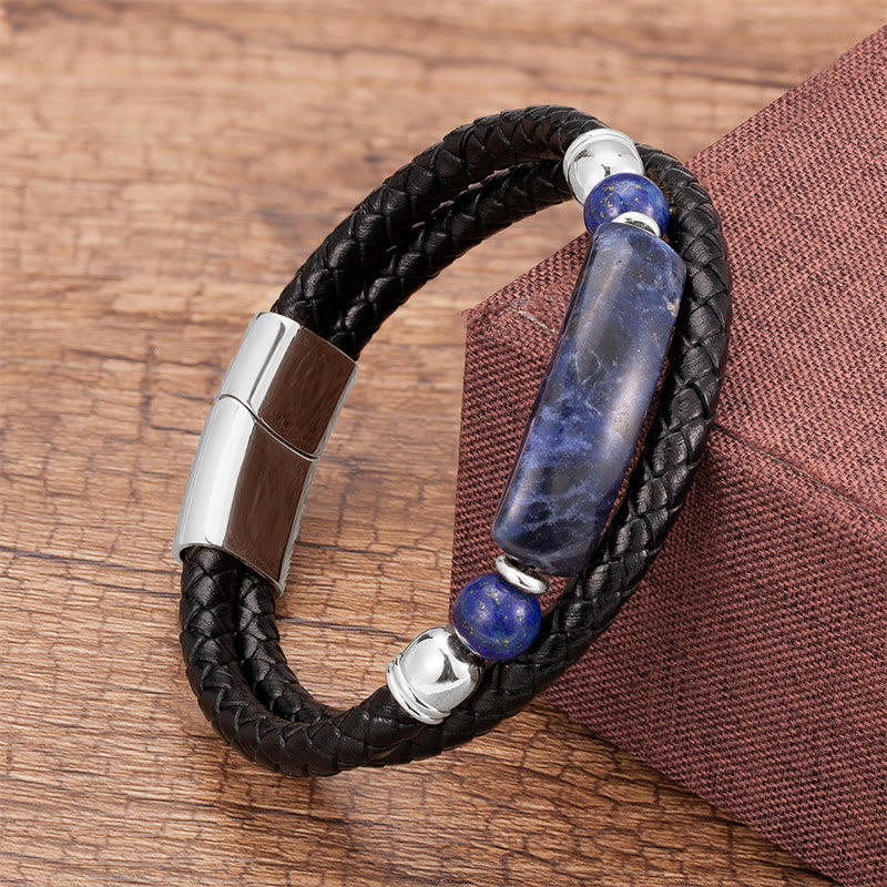 Buddha Stones Green Aventurine Tiger Eye Green Agate Black Onyx Hematite Stone Luck Leather Magnetic Buckle Bracelet - Silver - Lazurite - 18-22cm - image 21