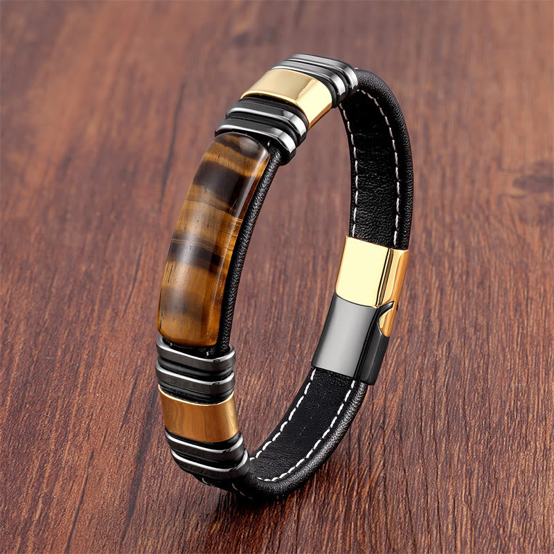 Buddha Stones Tiger Eye Stone Clear Thinking Leather Buckle Bracelet - Tiger Eye-Gold Black - 18-22cm - image 0