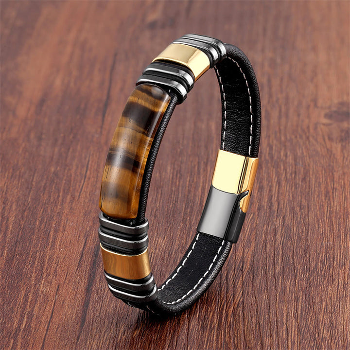Buddha Stones Tiger Eye Stone Clear Thinking Leather Buckle Bracelet - Tiger Eye-Gold Black - 18-22cm - image 0