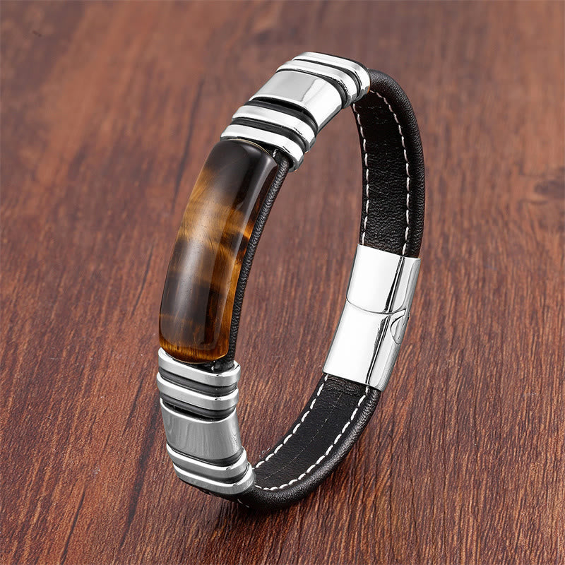 Buddha Stones Tiger Eye Stone Clear Thinking Leather Buckle Bracelet - Tiger Eye-Silver - 18-22cm - image 1
