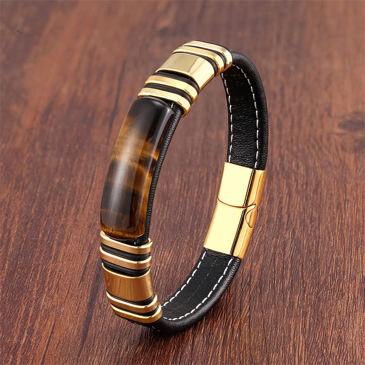 Buddha Stones Tiger Eye Stone Clear Thinking Leather Buckle Bracelet - Tiger Eye-Gold - 18-22cm - image 2
