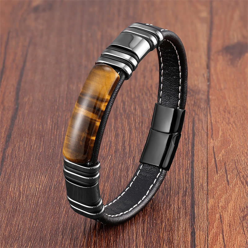 Buddha Stones Tiger Eye Stone Clear Thinking Leather Buckle Bracelet - Tiger Eye-Black - 18-22cm - image 4
