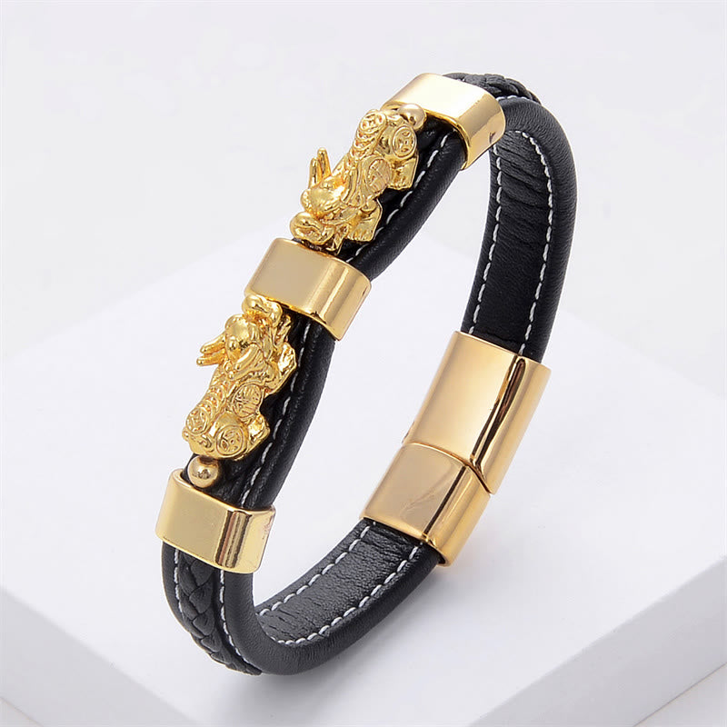 Buddha Stones Double PiXiu Wealth Luck Leather Magnetic Buckle Bracelet - Gold PiXiu - 18-22cm - image 0
